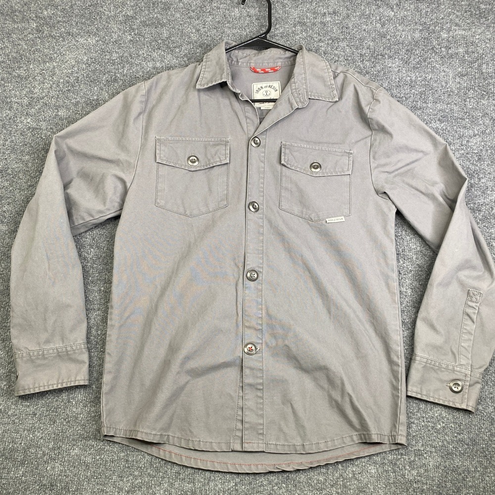 Iron and Resin Freedom Riders Gray Canvas Button Down Shirt Mens Small Workwear